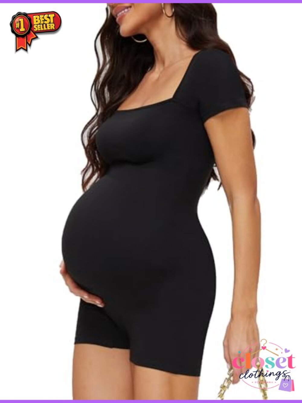 Maternity Romper Square Neck Short Sleeve Fitted One Piece